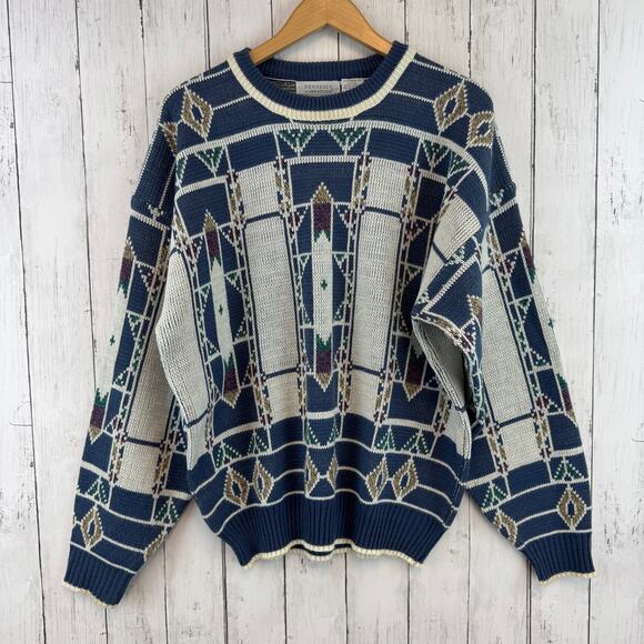 VTG Van Heusen Blue Abstract Print Acrylic Knit Sweater Size XL X-Large - Picture 1 of 13